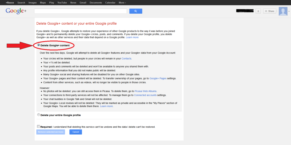 Delete Google+ content