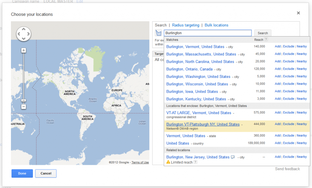 Adwords Location Targeting Burlington Plattsburgh