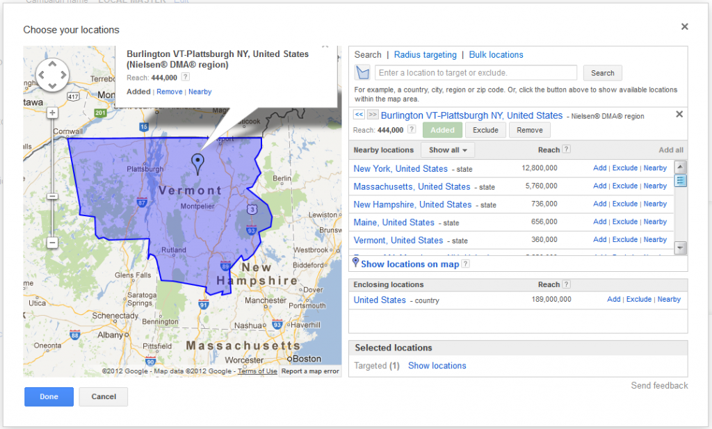 Adwords Location Targeting Burlington Plattsburgh Map