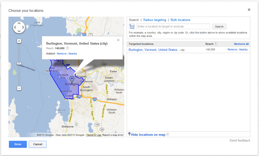 Adwords Location Targeting Burlington VT