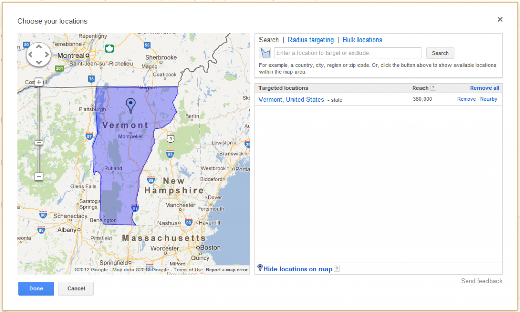 Adwords Location Targeting Vermont