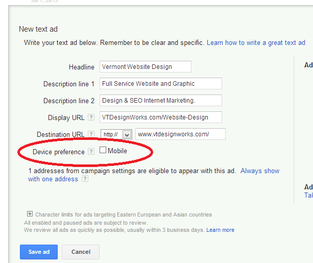 Adwords Mobile Device Preference