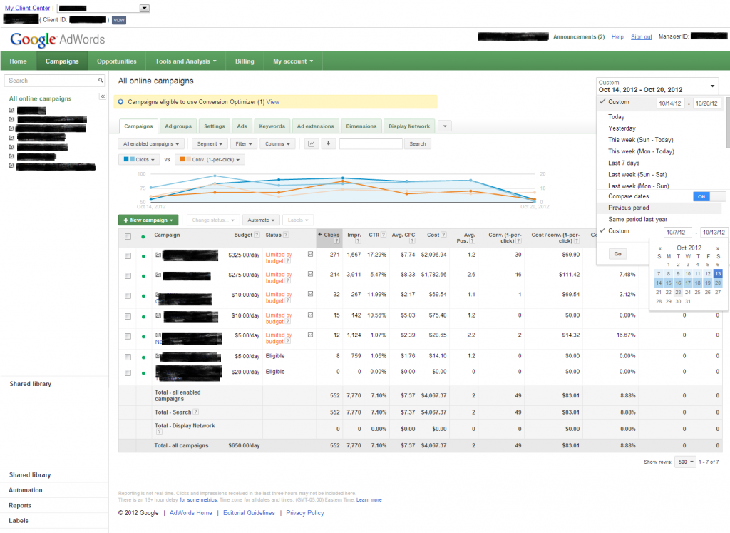 Google Adwords Date Comparison