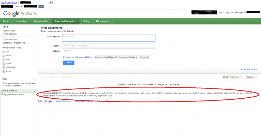 Google Adwords Placement Tool