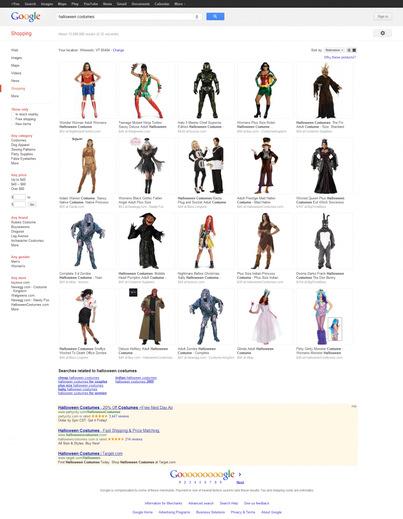 Google Halloween Costumes Shopping Results