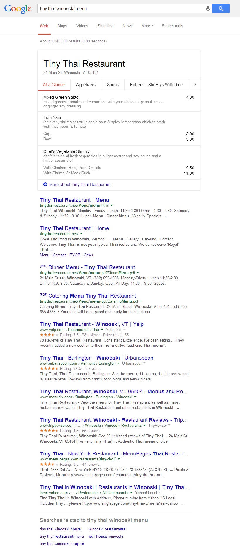 Google Menu Search Results