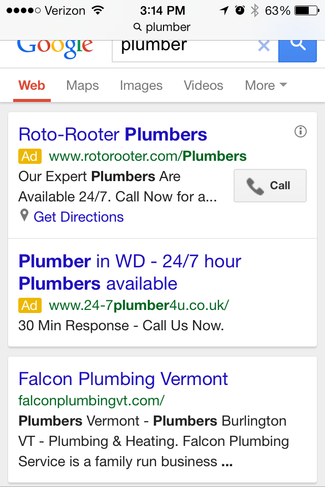 Google Mobile Plumber Search Results