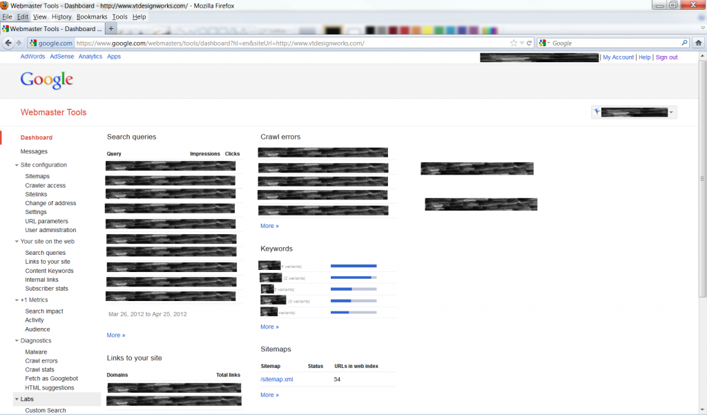 Google Webmaster Tools Dashboard